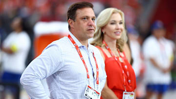 Aug 9, 2025; Glendale, Arizona, USA; Kansas City Chiefs general manager Brett Veach against the Arizona Cardinals during a preseason NFL game at State Farm Stadium. Mandatory Credit: Mark J. Rebilas-Imagn Images