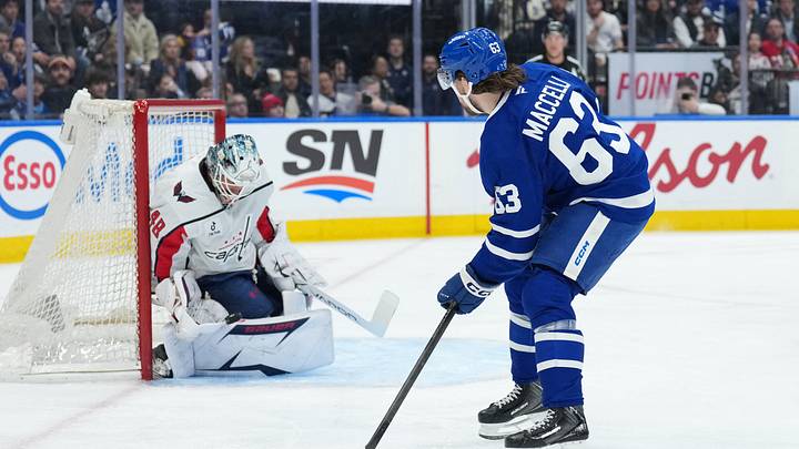 Apr 8, 2026; Toronto, Ontario, CAN; Toronto Maple Leafs left wing Matias MacCelli (63) attempts a shot on Washington Capitals goaltender Logan Thompson (48) during the first period at Scotiabank Arena. Apr 8, 2026; Toronto, Ontario, CAN; Toronto Maple Leafs left wing Matias MacCelli (63) attempts a shot on Washington Capitals goaltender Logan Thompson (48) during the first period at Scotiabank Arena.