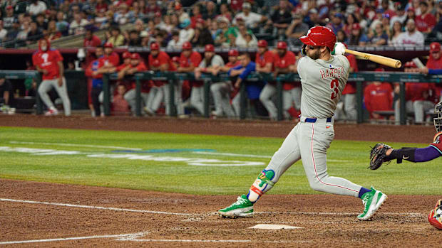 Philadelphia Phillies infielder Bryce Harper singles on a sharp line drive to center.