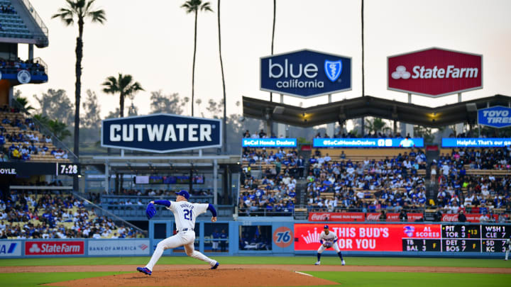 May 31, 2024; Los Angeles, California, USA; Los Angeles Dodgers pitcher Walker Buehler (21) throws against the Colorado Rockies during the second inning at Dodger Stadium. Mandatory Credit: Gary A. Vasquez-USA TODAY Sports