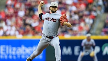 May 17, 2025; Cincinnati, Ohio, USA; Cleveland Guardians starting pitcher Slade Cecconi (44) pitches in the sixth inning against the Cincinnati Reds at Great American Ball Park. Mandatory Credit: Katie Stratman-Imagn Images