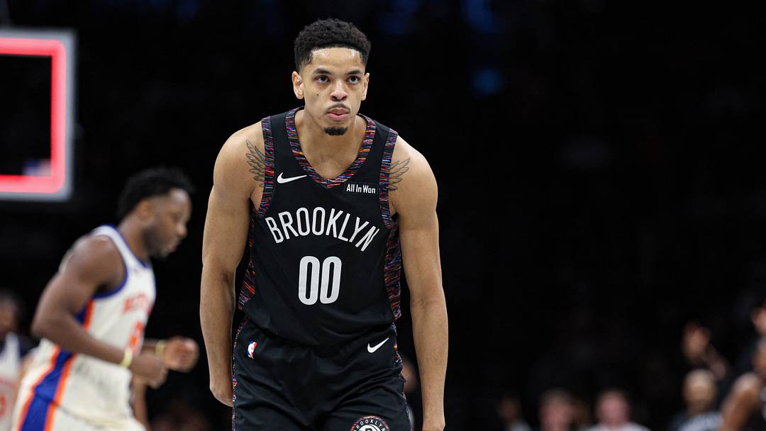 Mar 20, 2026; Brooklyn, New York, USA; Brooklyn Nets forward Josh Minott (00) reacts after making a three point basket during the first half against the New York Knicks at Barclays Center. Mandatory Credit: Vincent Carchietta-Imagn Images
