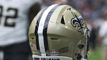 Oct 15, 2023; Houston, Texas, USA; View of a Crucial Catch logo on the helmet of New Orleans Saints defensive end Cameron Jordan (94) before the game against the Houston Texans at NRG Stadium. Mandatory Credit: Troy Taormina-Imagn Images
