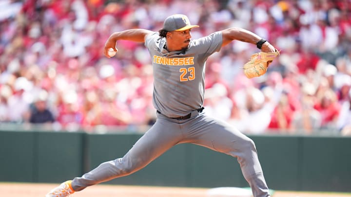 Tennessee's Marcus Phillips (23) throws a pitch during game one of the NCAA baseball tournament Fayetteville Super Regional between Tennessee and Arkansas held at Baum-Walker Stadium on Saturday, June 7, 2025.