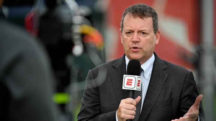 ESPN Baseball analyst Buster Olney talks during a spring training workout at Jet Blue Park at Fenway South in 2019.