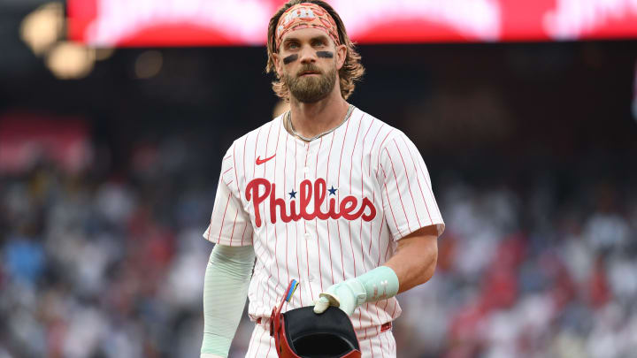 Jul 29, 2024; Philadelphia, Pennsylvania, USA; Philadelphia Phillies first baseman Bryce Harper (3) against the New York Yankees at Citizens Bank Park.