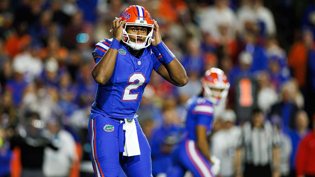 Nov 29, 2025; Gainesville, Florida, USA; Florida Gators quarterback DJ Lagway (2) gestures before the snap against the Florida State Seminoles during the second half at Ben Hill Griffin Stadium. Mandatory Credit: Matt Pendleton-Imagn Images