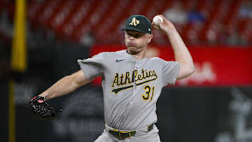 Sep 2, 2025; St. Louis, Missouri, USA;  Athletics relief pitcher Sean Newcomb (31) pitches against the St. Louis Cardinals during the eighth inning at Busch Stadium. Mandatory Credit: Jeff Curry-Imagn Images