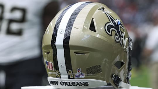 Oct 15, 2023; Houston, Texas, USA; View of a Crucial Catch logo on the helmet of New Orleans Saints defensive end Cameron Jordan (94) before the game against the Houston Texans at NRG Stadium. Mandatory Credit: Troy Taormina-Imagn Images