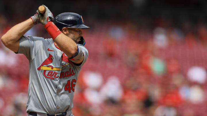 May 29, 2024; Cincinnati, Ohio, USA; St. Louis Cardinals first baseman Paul Goldschmidt (46) at bat during the ninth inning against the Cincinnati Reds at Great American Ball Park. Mandatory Credit: Katie Stratman-USA TODAY Sports