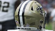 Oct 15, 2023; Houston, Texas, USA; View of a Crucial Catch logo on the helmet of New Orleans Saints defensive end Cameron Jordan (94) before the game against the Houston Texans at NRG Stadium. Mandatory Credit: Troy Taormina-Imagn Images