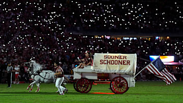 The Sooner Schooner takes the field during a college football game between the University of Oklahoma Sooners (OU) and the Houston Cougars at Gaylord Family – Oklahoma Memorial Stadium in Norman, Okla., Saturday, Sept. 7, 2024.