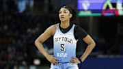 Jun 24, 2025; Chicago, Illinois, USA; Chicago Sky forward Angel Reese (5) looks on during the first half at Wintrust Arena. Mandatory Credit: Kamil Krzaczynski-Imagn Images