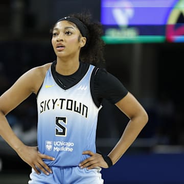 Jun 24, 2025; Chicago, Illinois, USA; Chicago Sky forward Angel Reese (5) looks on during the first half at Wintrust Arena. Mandatory Credit: Kamil Krzaczynski-Imagn Images