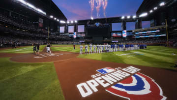 Fireworks light up the sky before the Arizona Diamondbacks take on the Los Angeles Dodgers on