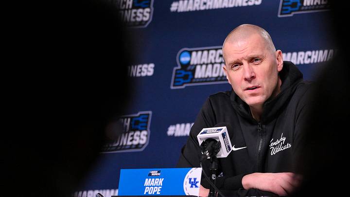 Mar 19, 2026; St. Louis, MO, USA; Kentucky Wildcats head coach Mark Pope talks with the media during a practice session ahead of the first round of the men's 2026 NCAA Tournament at Enterprise Center. Mandatory Credit: Jeff Curry-Imagn Images