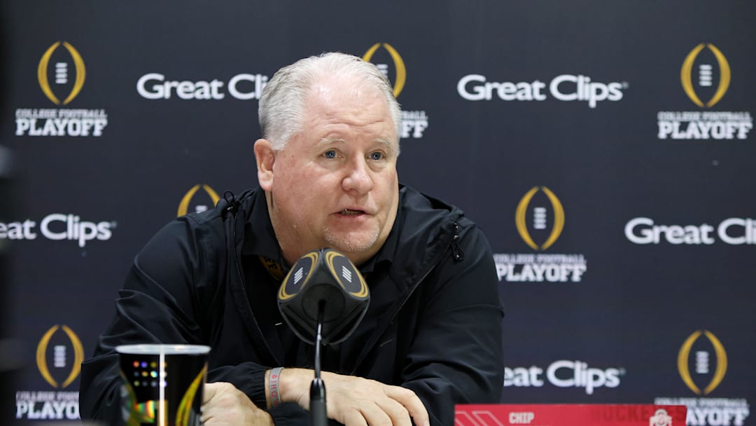 Jan 18, 2025; Atlanta, GA, USA; Ohio State Buckeyes offensive coordinator Chip Kelly talks to the media during 2025 CFP National Championship Media Day at Georgia World Congress Center, Building A. Mandatory Credit: Brett Davis-Imagn Images