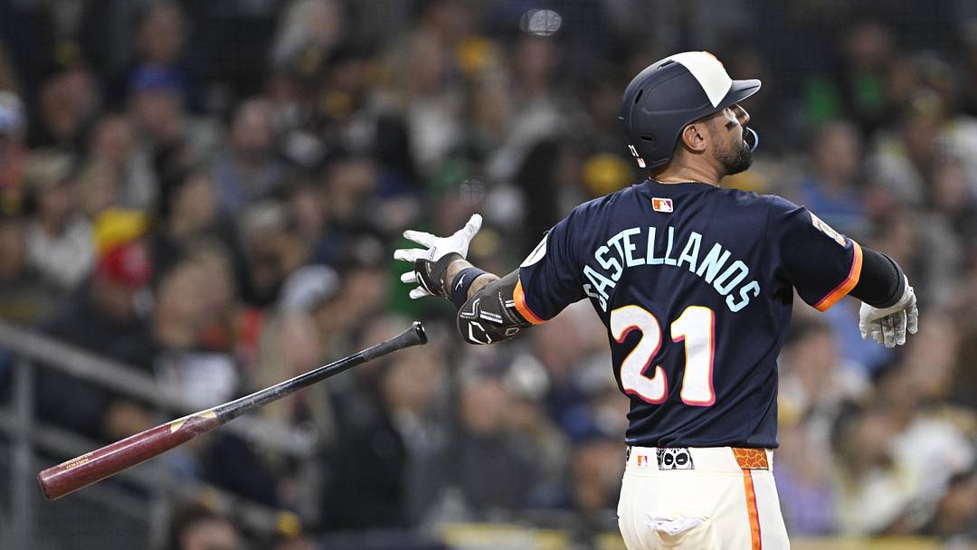 May 22, 2026; San Diego, California, USA; San Diego Padres right fielder Nick Castellanos (21) hits a solo home run during the fifth inning against the Athletics at Petco Park. Mandatory Credit: Denis Poroy-Imagn Images