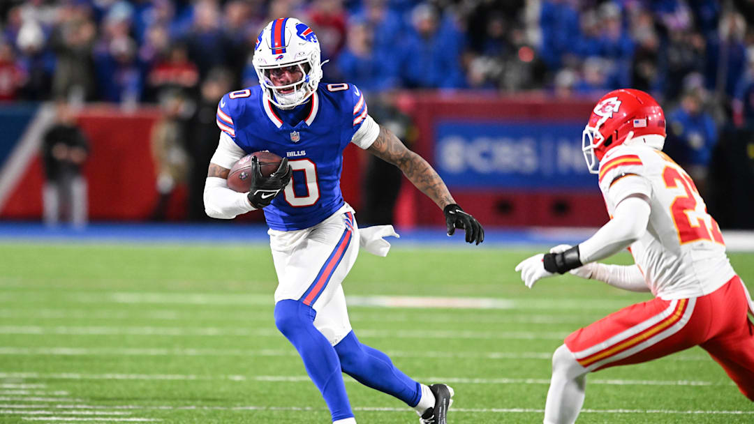 Nov 2, 2025; Orchard Park, New York, USA; Buffalo Bills wide receiver Keon Coleman (0) runs with the ball in the second half against the Kansas City Chiefs at Highmark Stadium. 