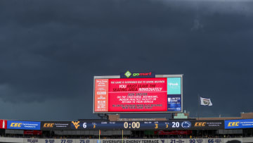 Aug 31, 2024; Morgantown, West Virginia, USA; Play is suspended during halftime for severe weather between the West Virginia Mountaineers and the Penn State Nittany Lions at Mountaineer Field at Milan Puskar Stadium. 