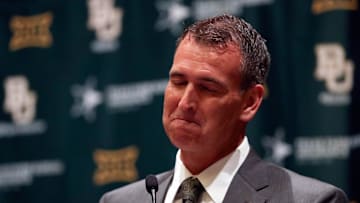 Jul 18, 2016; Dallas, TX, USA; Baylor Bears new athletic director Mack Rhoades reacts at a press conference during the Big 12 Media Days at Omni Dallas Hotel. Mandatory Credit: Kevin Jairaj-Imagn Images