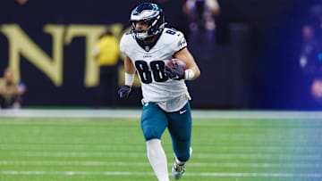 Sep 22, 2024; New Orleans, Louisiana, USA; Philadelphia Eagles tight end Dallas Goedert (88) catches a pass for 31 yards against the New Orleans Saints during the second half at Caesars Superdome. Mandatory Credit: Stephen Lew-Imagn Images