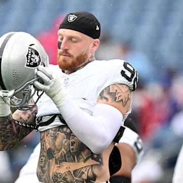 Sep 7, 2025; Foxborough, Massachusetts, USA; Las Vegas Raiders defensive end Maxx Crosby (98) practices before the game against the New England Patriots at Gillette Stadium. Mandatory Credit: Brian Fluharty-Imagn Images