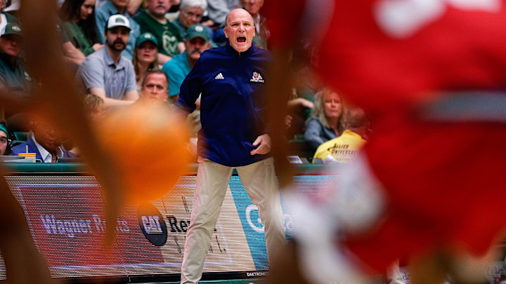 Feb 24, 2026; Fort Collins, Colorado, USA; Fresno State Bulldogs head coach Vance Walberg reacts in the second half against the Colorado State Rams at Moby Arena. Mandatory Credit: Isaiah J. Downing-Imagn Images
