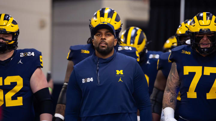 Jan 8, 2024; Houston, TX, USA; Michigan Wolverines offensive coordinator Sherrone Moore against the Washington Huskies during the 2024 College Football Playoff national championship game at NRG Stadium. Mandatory Credit: Mark J. Rebilas-USA TODAY Sports