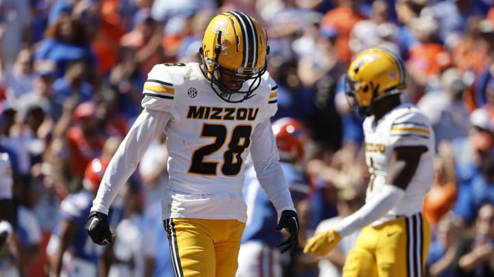 Oct 8, 2022; Gainesville, Florida, USA; Missouri Tigers defensive back Joseph Charleston (28) reacts after Florida Gators scored a touchdown during the second half at Ben Hill Griffin Stadium. Mandatory Credit: Kim Klement-USA TODAY Sports