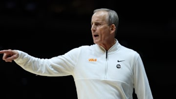 Mar 30, 2025; Indianapolis, IN, USA; Tennessee Volunteers head coach Rick Barnes reacts in the second half during the Midwest Regional final of the 2025 NCAA tournament at Lucas Oil Stadium. Mandatory Credit: Trevor Ruszkowski-Imagn Images