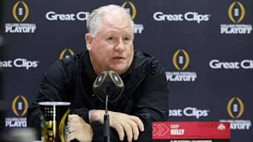 Jan 18, 2025; Atlanta, GA, USA; Ohio State Buckeyes offensive coordinator Chip Kelly talks to the media during 2025 CFP National Championship Media Day at Georgia World Congress Center.