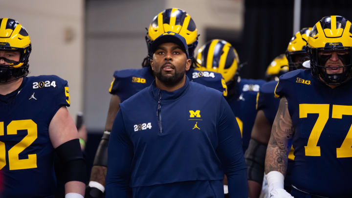 Jan 8, 2024; Houston, TX, USA; Michigan Wolverines offensive coordinator Sherrone Moore against the Washington Huskies during the 2024 College Football Playoff national championship game at NRG Stadium. Mandatory Credit: Mark J. Rebilas-USA TODAY Sports