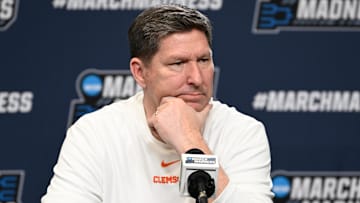 Mar 19, 2025; Providence, RI, USA;    Clemson Tigers head coach Brad Brownell speaks to the media during a press conference at Amica Mutual Pavilion. Mandatory Credit: Eric Canha-Imagn Images