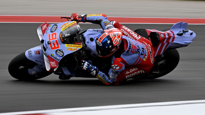 Apr 14, 2024; Austin, TX, USA; Marc Marquez (93) of Spain and Gresini Racing MotoGP rides in warmups before the start of the MotoGP Grand Prix of The Americas at Circuit of The Americas. Mandatory Credit: Jerome Miron-USA TODAY Sports