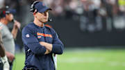 Sep 28, 2025; Paradise, Nevada, USA; Chicago Bears head coach Ben Johnson looks on from the sideline during the second half against the Las Vegas Raiders at Allegiant Stadium. Mandatory Credit: Kiyoshi Mio-Imagn Images
