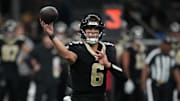 Nov 23, 2025; New Orleans, Louisiana, USA; New Orleans Saints quarterback Tyler Shough (6) looks to throw downfield against the Atlanta Falcons during the second half at Caesars Superdome. Mandatory Credit: Matthew Hinton-Imagn Images