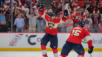 May 9, 2025; Sunrise, Florida, USA; Florida Panthers center Brad Marchand (63) celebrates after scoring the game-winning goal against the Toronto Maple Leafs during overtime in game three of the second round of the 2025 Stanley Cup Playoffs at Amerant Bank Arena. Mandatory Credit: Sam Navarro-Imagn Images