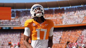 Tennessee wide receiver Chris Brazzell II (17) celebrates after scoring a touchdown against Georgia during an NCAA college football game on September 13, 2025, Knoxville, Tennessee.