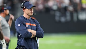Sep 28, 2025; Paradise, Nevada, USA; Chicago Bears head coach Ben Johnson looks on from the sideline during the second half against the Las Vegas Raiders at Allegiant Stadium. Mandatory Credit: Kiyoshi Mio-Imagn Images