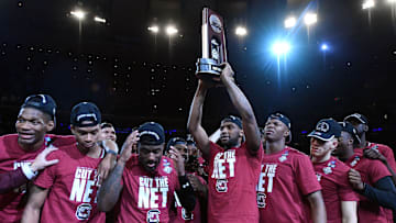 Mar 26, 2017; New York, NY, USA; South Carolina Gamecocks guard Sindarius Thornwell (0) celebrates after beating the Florida Gators in the finals of the East Regional of the 2017 NCAA Tournament at Madison Square Garden. Mandatory Credit: Robert Deutsch-Imagn Images