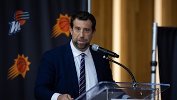 Feb 8, 2023; Phoenix, AZ, USA; Phoenix Suns minority owner Justin Ishbia speaks to the media during an introductory press conference at Footprint Center. Mandatory Credit: Mark J. Rebilas-Imagn Images