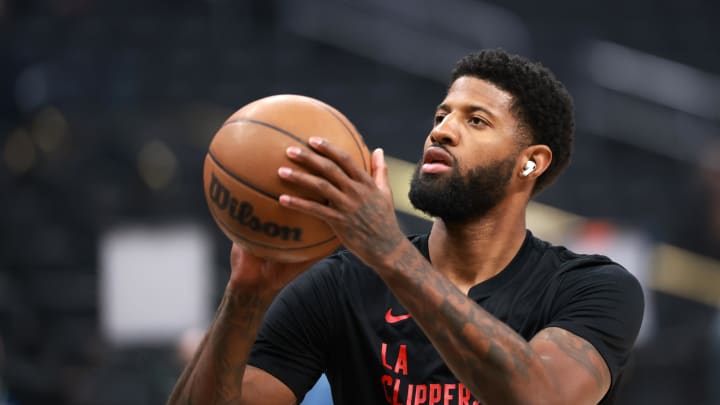 Apr 12, 2024; Los Angeles, California, USA;  Los Angeles Clippers forward Paul George (13) warms up prior to the NBA game against the Utah Jazz at Crypto.com Arena. Mandatory Credit: Kiyoshi Mio-USA TODAY Sports