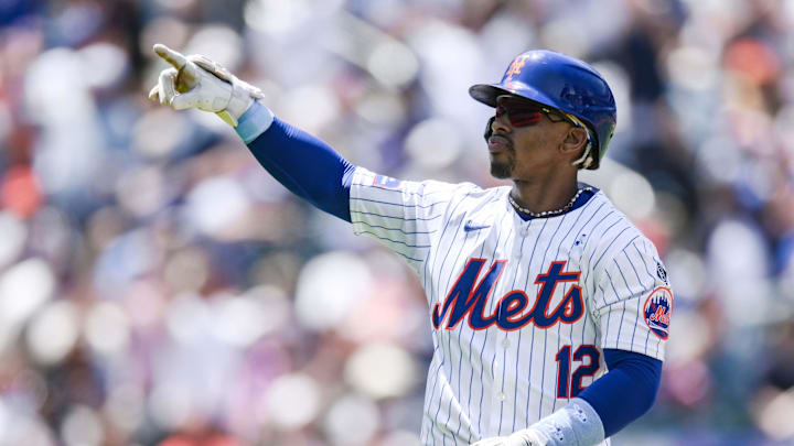 Jun 16, 2024; New York City, New York, USA; New York Mets shortstop Francisco Lindor (12) reacts after hitting a solo home run during his MLB baseball game against the San Diego Padres during the first inning at Citi Field. Mandatory Credit: John Jones-USA TODAY Sports