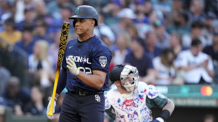 National League left fielder Juan Soto of the San Diego Padres reacts after a pitch during the fifth inning of the 2023 MLB All-Star Game.
