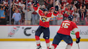 May 9, 2025; Sunrise, Florida, USA; Florida Panthers center Brad Marchand (63) celebrates after scoring the game-winning goal against the Toronto Maple Leafs during overtime in game three of the second round of the 2025 Stanley Cup Playoffs at Amerant Bank Arena. Mandatory Credit: Sam Navarro-Imagn Images