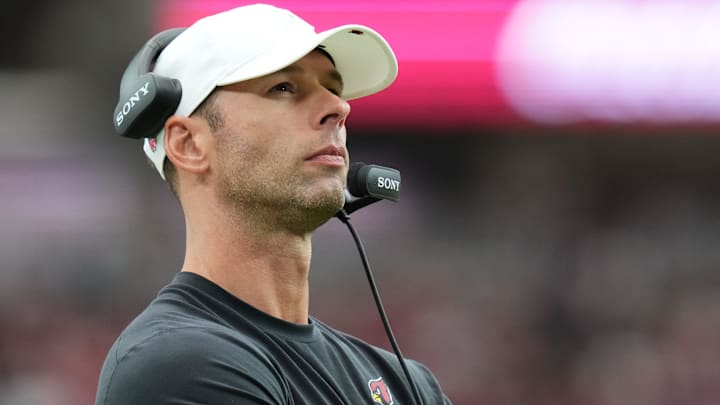 Cardinals coach Jonathan Gannon looks on from the sidelines during a game against the Panthers at State Farm Stadium on Sept. 14.