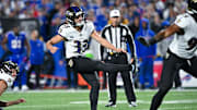 Sep 7, 2025; Orchard Park, New York, USA; Baltimore Ravens place kicker Tyler Loop (33) makes a field goal against the Buffalo Bills  in the first quarter at Highmark Stadium. Mandatory Credit: Mark Konezny-Imagn Images