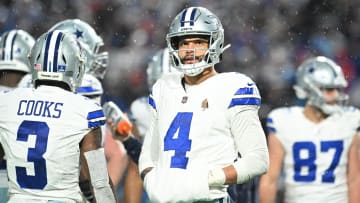 Dec 17, 2023; Orchard Park, New York, USA; Dallas Cowboys quarterback Dak Prescott (4) looks on in