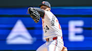 Minnesota Twins pitcher Simeon Woods Richardson throws a pitch against the Los Angeles Angels during the second inning at Target Field in Minneapolis on April 26, 2025.